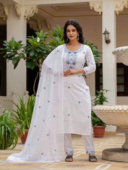 Premium White Silly Cotton 3-Piece Kurta Set with Embroidery