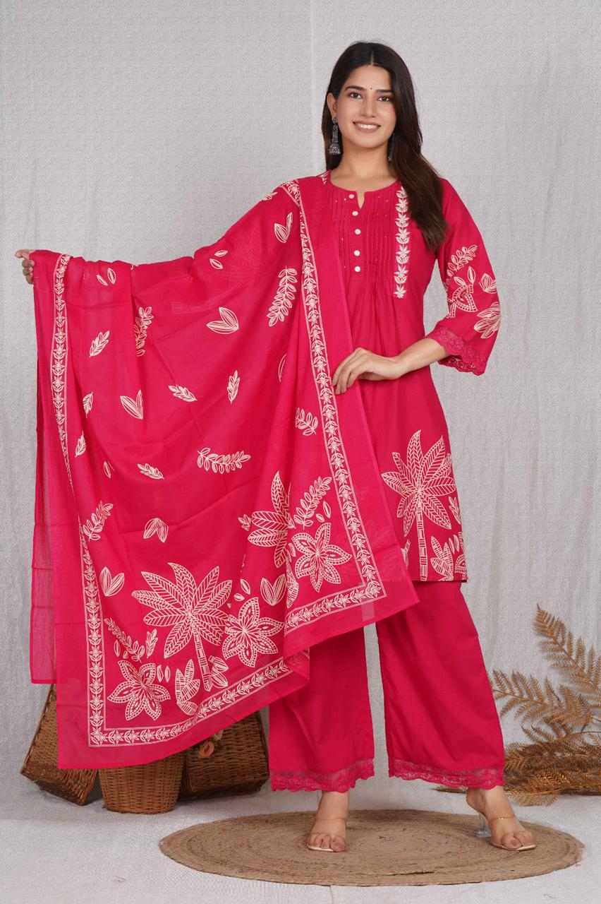Women’s 3-Piece Printed Kurta Set with Palazzo & Dupatta  Elegant Ethnic Wear