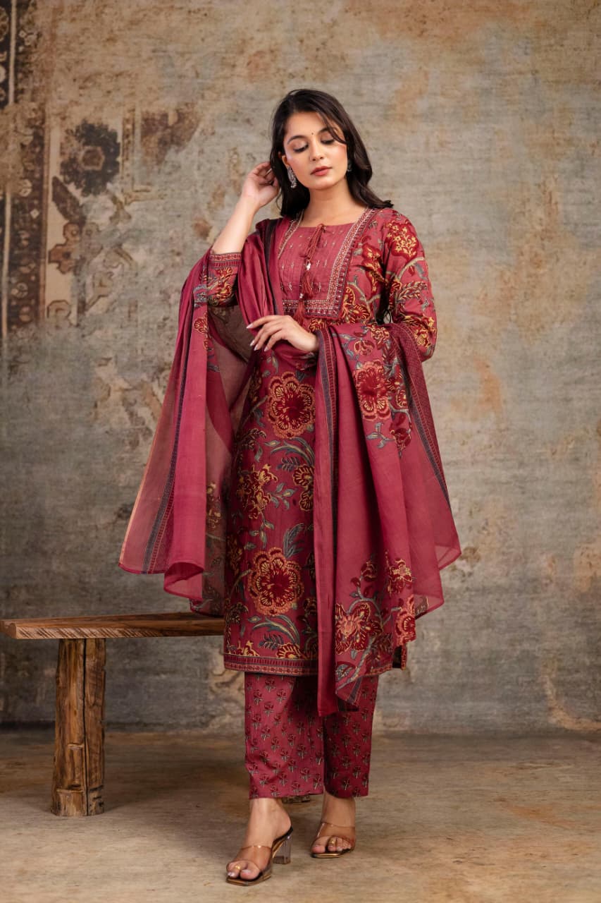 Elegant Cotton 3-Piece Embroidered  Lace work Suit Set  Traditional Wear for Women