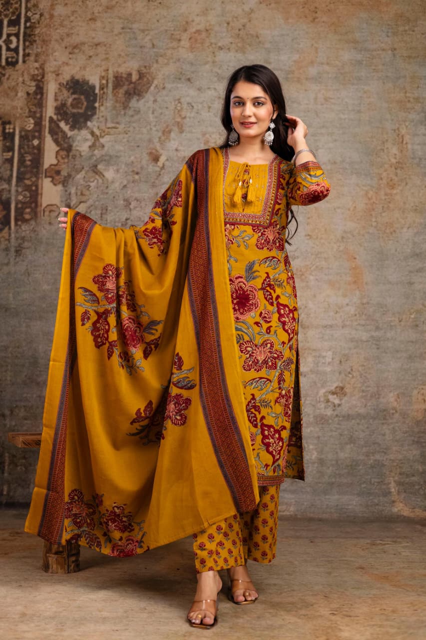 Elegant Cotton 3-Piece Embroidered  Lace work Suit Set  Traditional Wear for Women