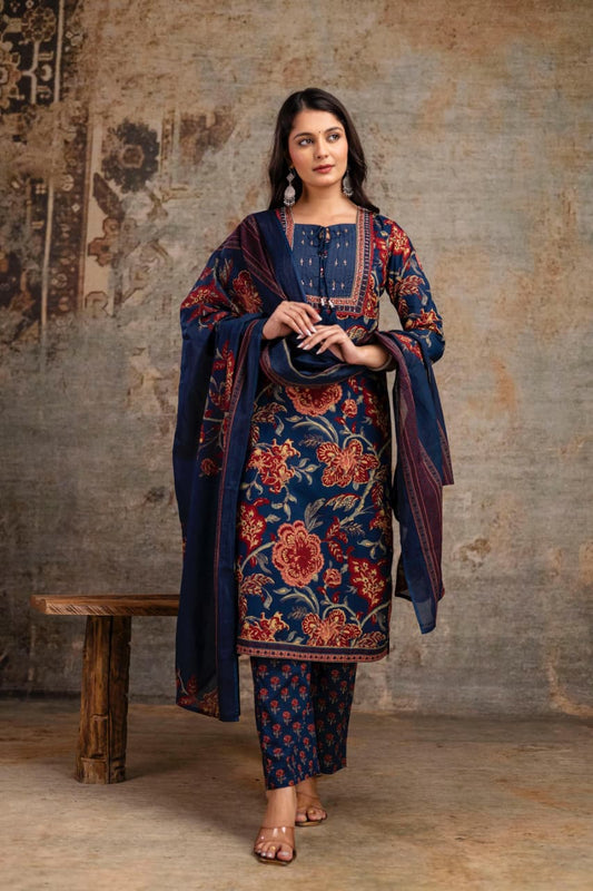Elegant Cotton 3-Piece Embroidered  Lace work Suit Set  Traditional Wear for Women