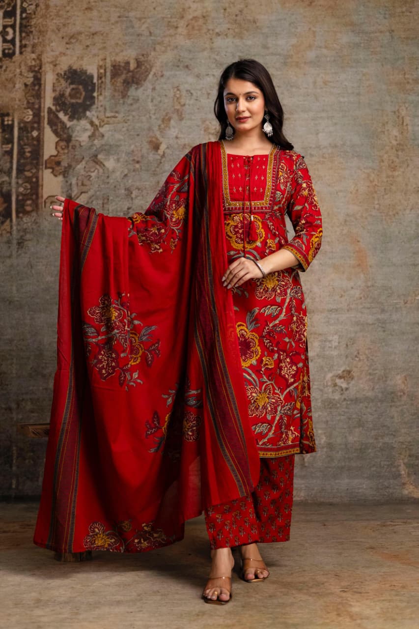 Elegant Cotton 3-Piece Embroidered  Lace work Suit Set  Traditional Wear for Women