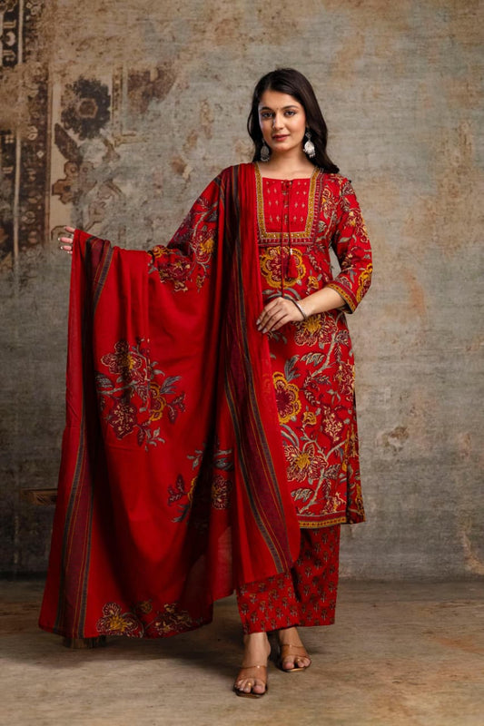 Elegant Cotton 3-Piece Embroidered  Lace work Suit Set  Traditional Wear for Women