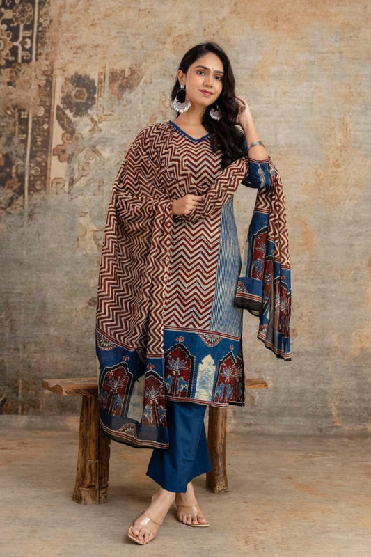Comfortable Cotton 60-60 3-Piece Digital Print Suit Set for Women
