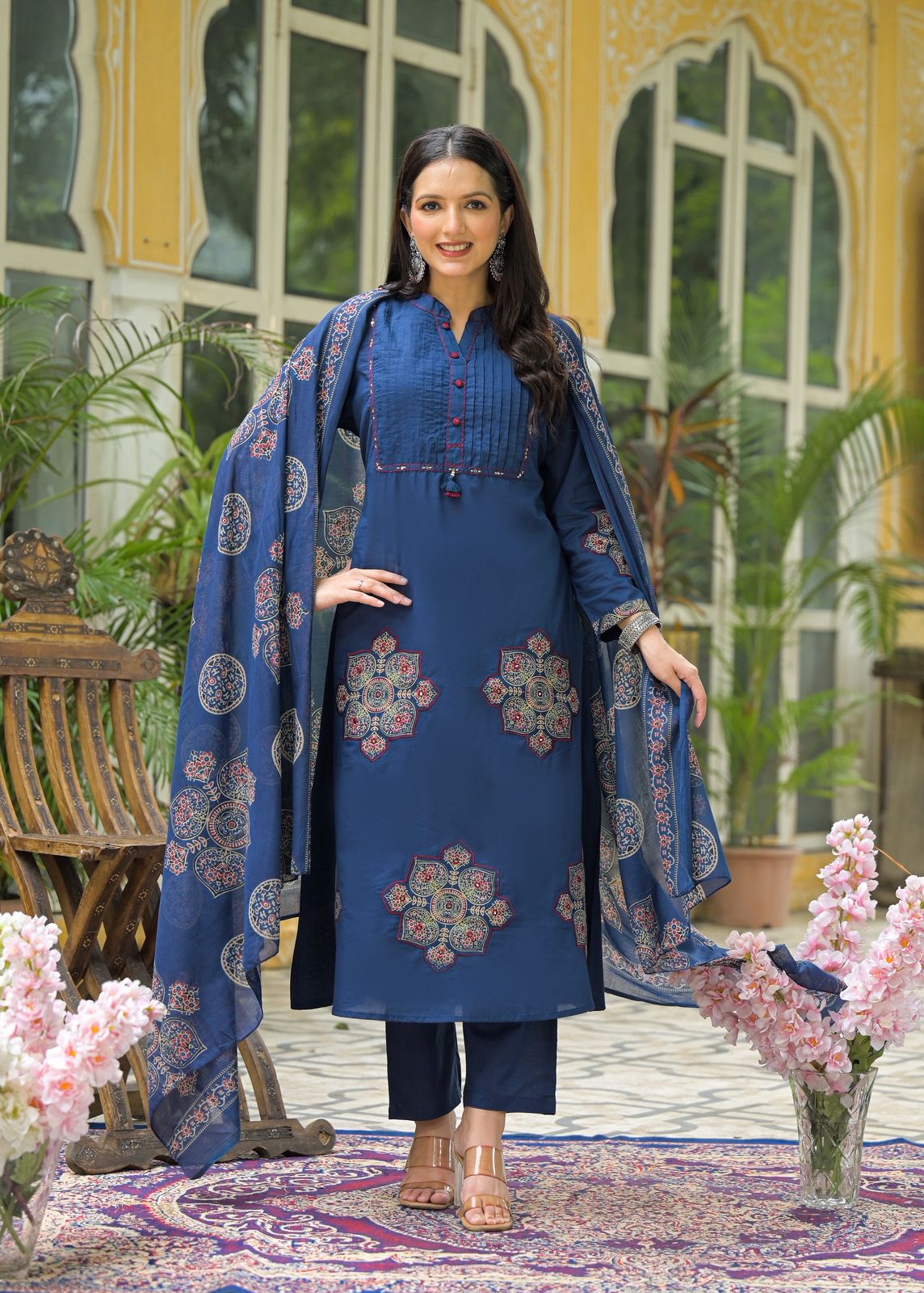 Elegant Navy Blue Kurta Set with Dupatta full applic Work  Comfortable Ethnic Wear for Women