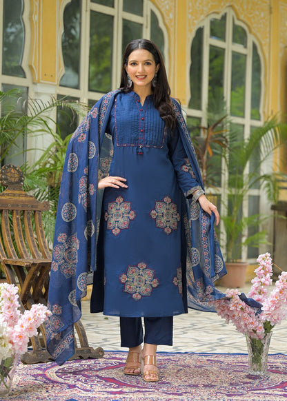 Elegant Navy Blue Kurta Set with Dupatta full applic Work  Comfortable Ethnic Wear for Women