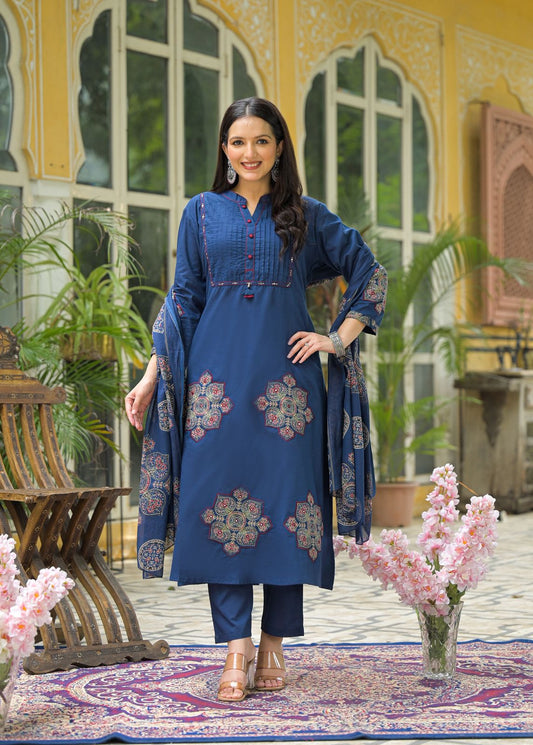 Elegant Navy Blue Kurta Set with Dupatta full applic Work  Comfortable Ethnic Wear for Women