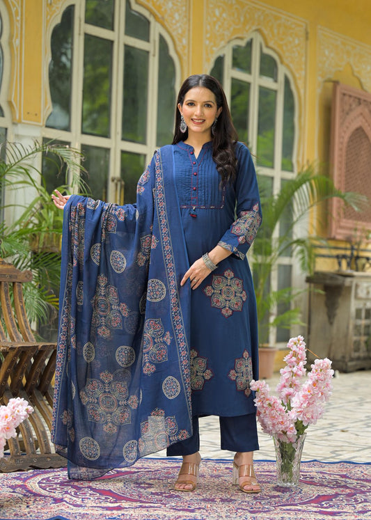Elegant Navy Blue Kurta Set with Dupatta full applic Work  Comfortable Ethnic Wear for Women