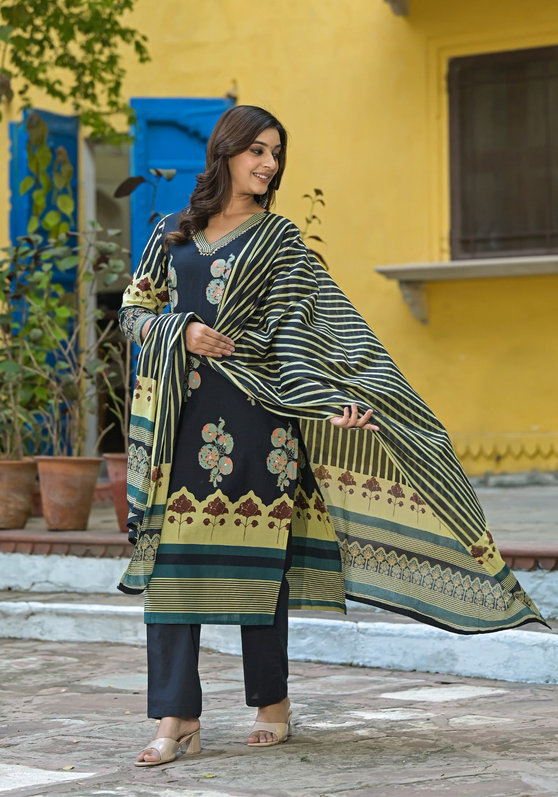 Navy Blue Cotton 3-piece Suit Set with floral , striped dupatta, and printed border design.
