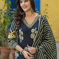 Navy Blue Cotton 3-piece Suit Set with floral , striped dupatta, and printed border design.