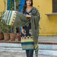 Navy Blue Cotton 3-piece Suit Set with floral , striped dupatta, and printed border design.