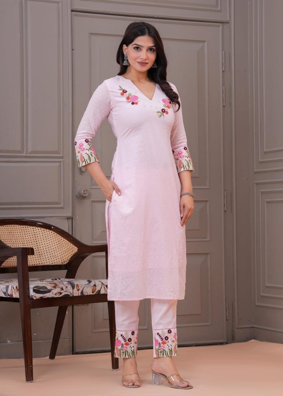 Light Pink Embroidered Cotton Kurta Set with Dupatta