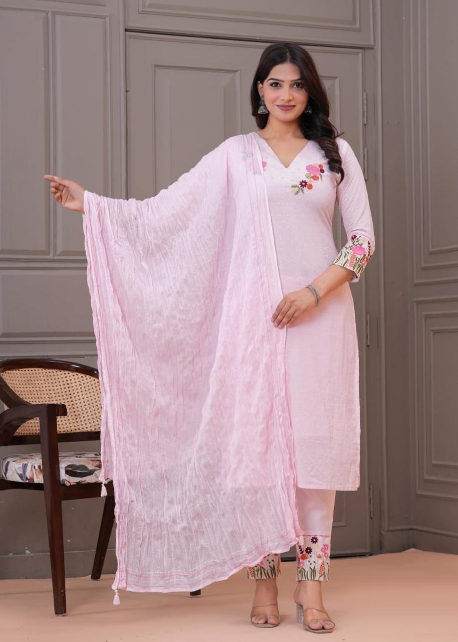 Light Pink Embroidered Cotton Kurta Set with Dupatta