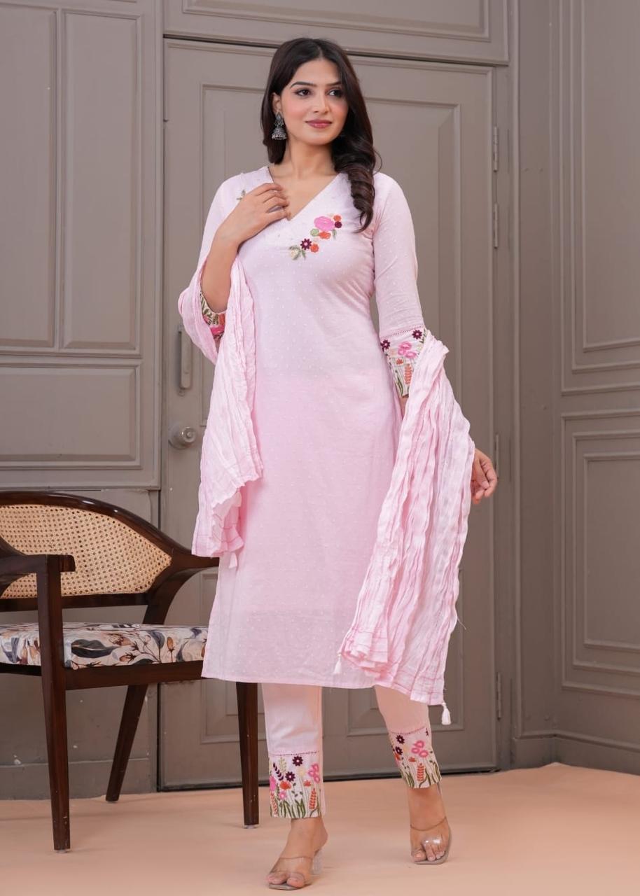 Light Pink Embroidered Cotton Kurta Set with Dupatta