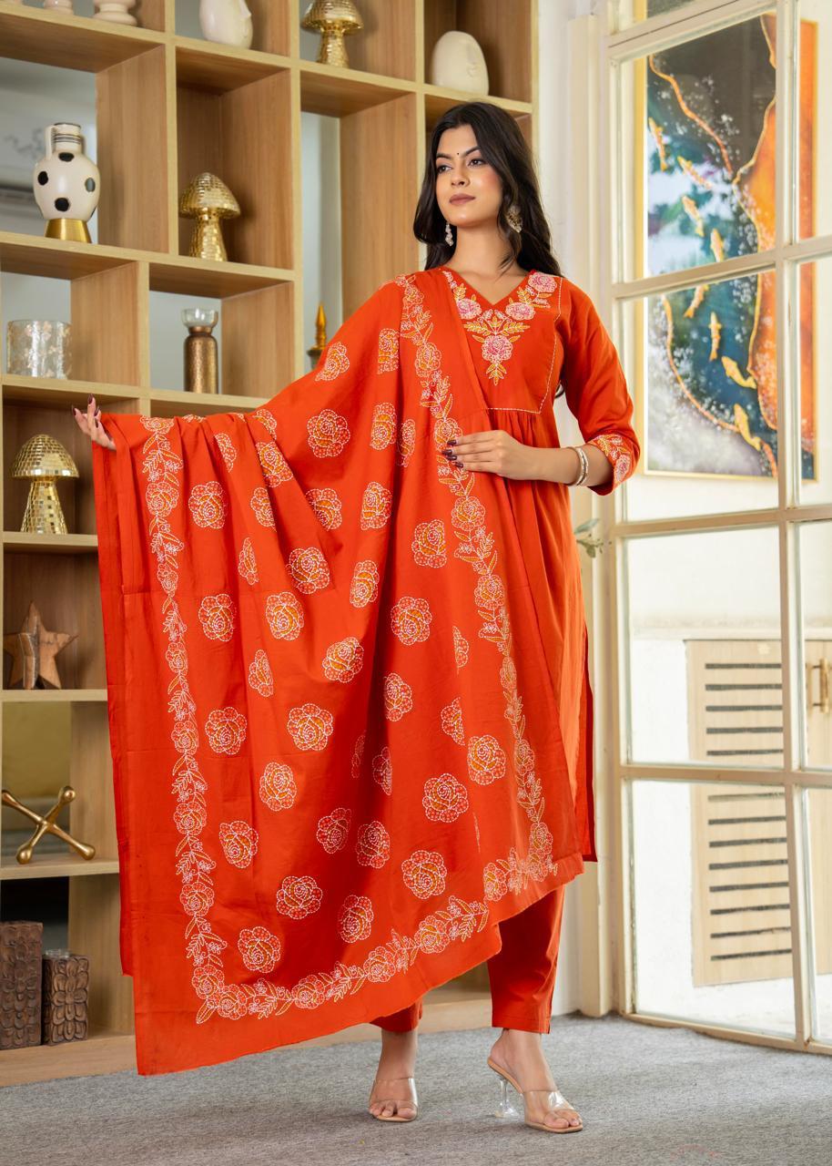 Elegant Orange Embroidered Cotton Kurta Set with Dupatta