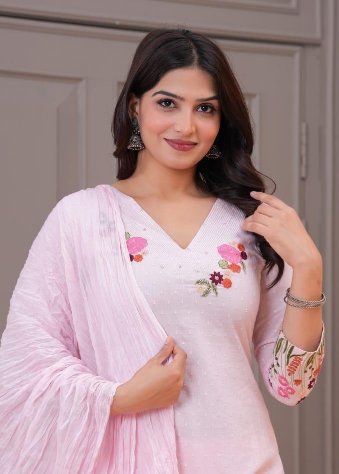 Light Pink Embroidered Cotton Kurta Set with Dupatta