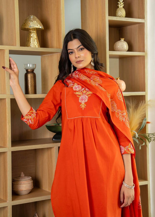 Elegant Orange Embroidered Cotton Kurta Set with Dupatta