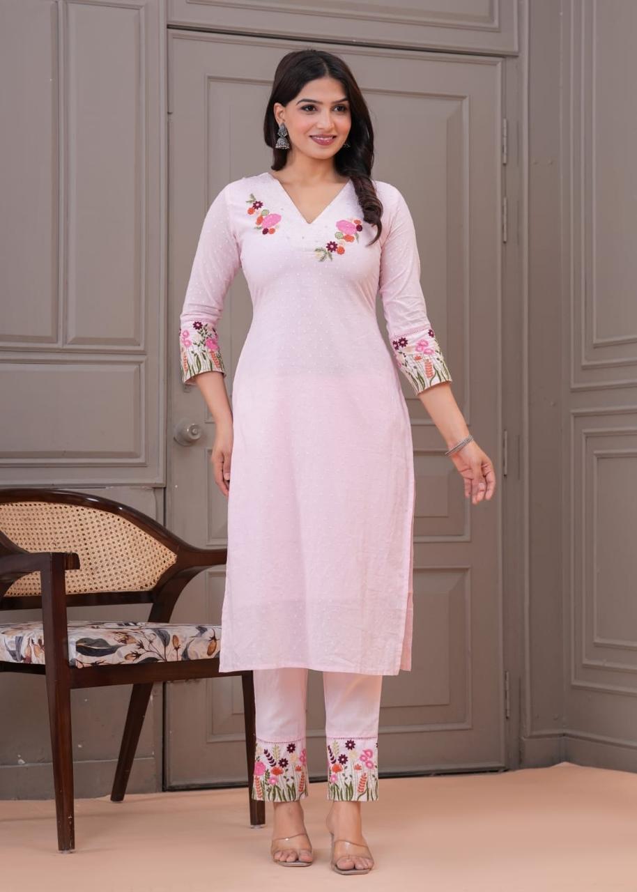 Light Pink Embroidered Cotton Kurta Set with Dupatta