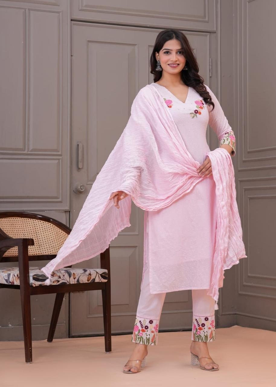 Light Pink Embroidered Cotton Kurta Set with Dupatta