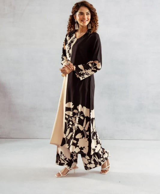 Black & Beige Floral Printed A-Line Kurta Set with Palazzo