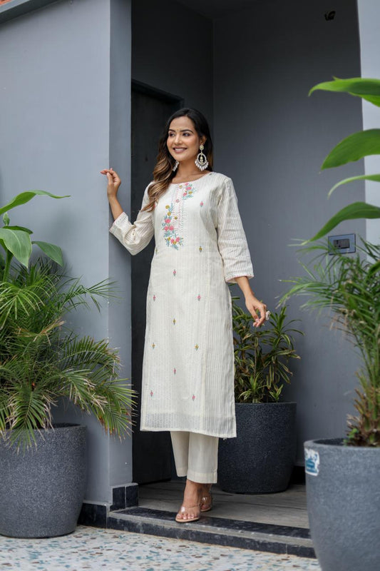 Elegant Off-White Embroidered Straight Kurta Set with Dupatta