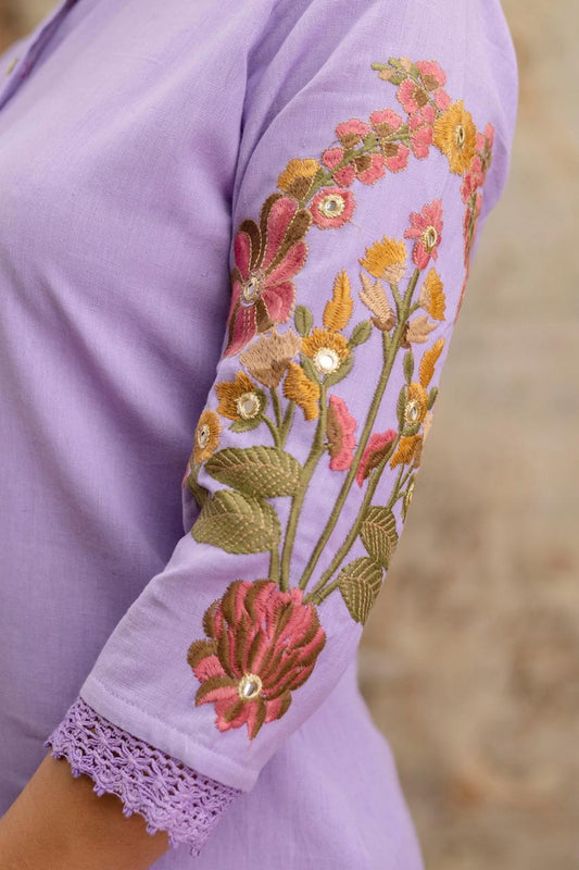 Lilac Cord Set with Bold Floral Embroidery