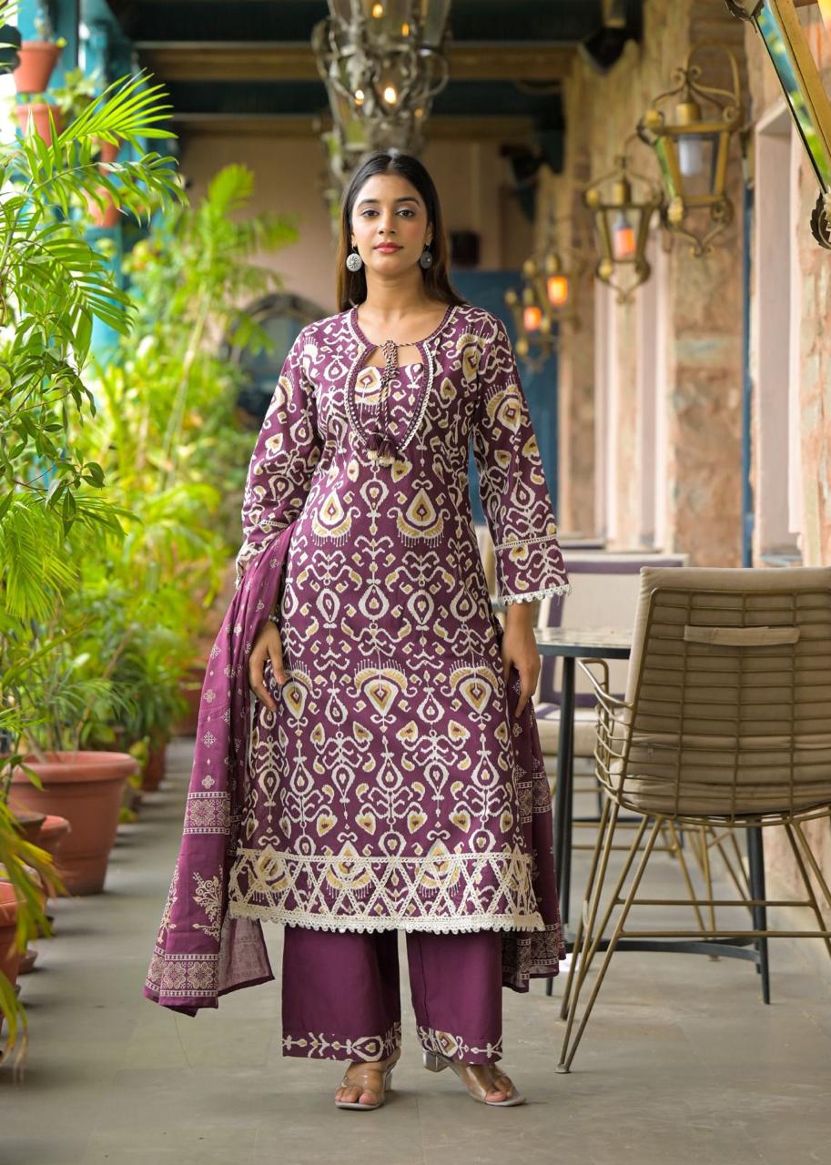 Elegant Maroon Ethnic Printed Kurta Set with Palazzo and Dupatta