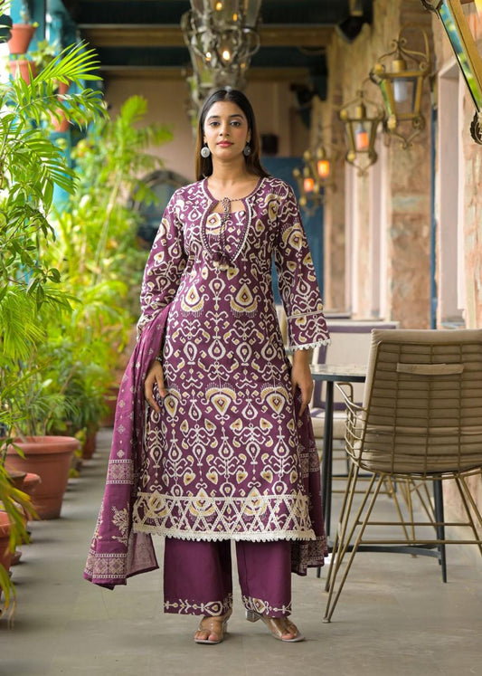 Elegant Maroon Ethnic Printed Kurta Set with Palazzo and Dupatta