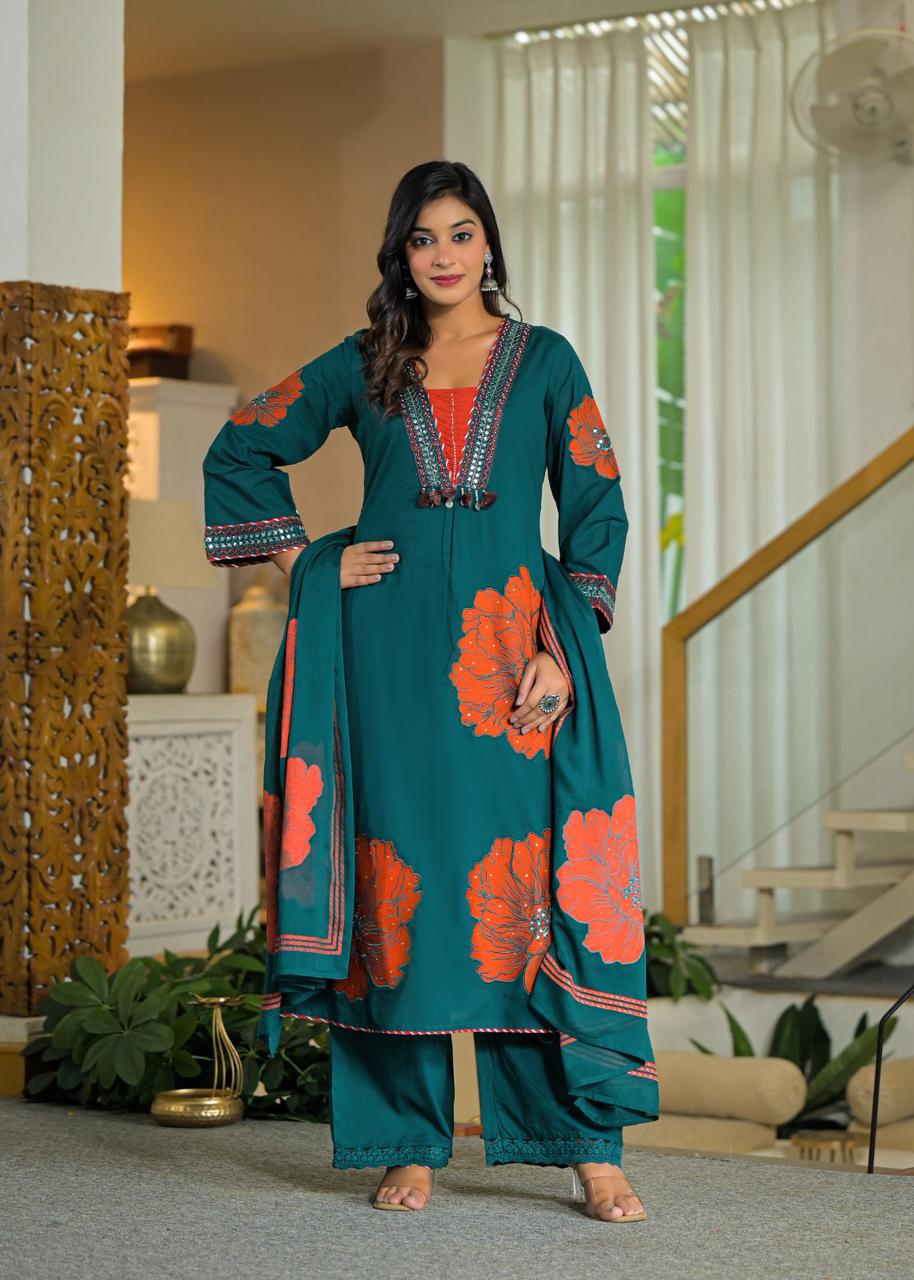 Premium Cotton 60-60 3-Piece Suit Set with Full Appliqué Work & Lining