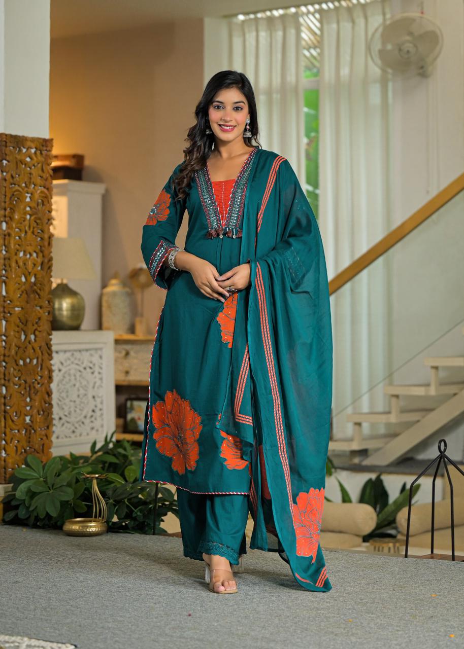 Premium Cotton 60-60 3-Piece Suit Set with Full Appliqué Work & Lining