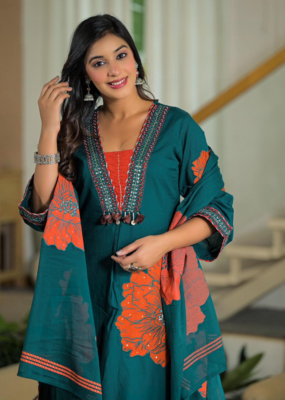 Premium Cotton 60-60 3-Piece Suit Set with Full Appliqué Work & Lining
