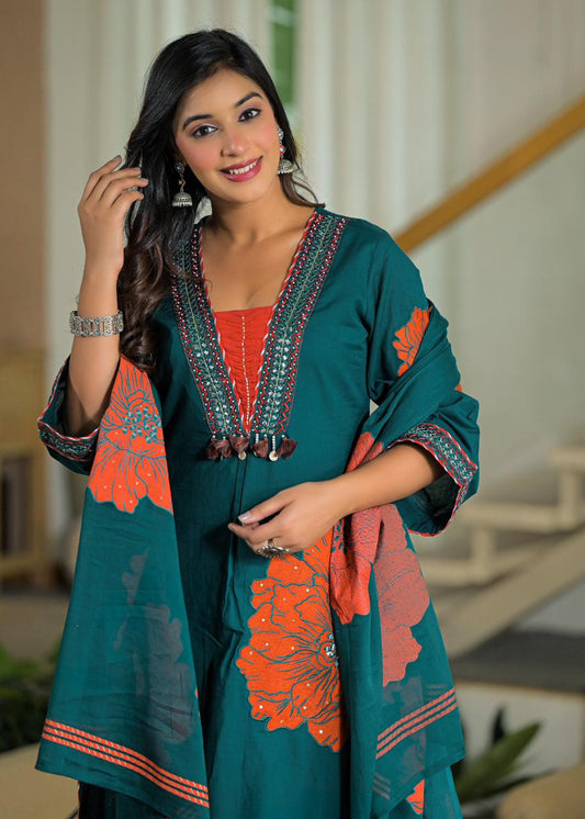 Premium Cotton 60-60 3-Piece Suit Set with Full Appliqué Work & Lining