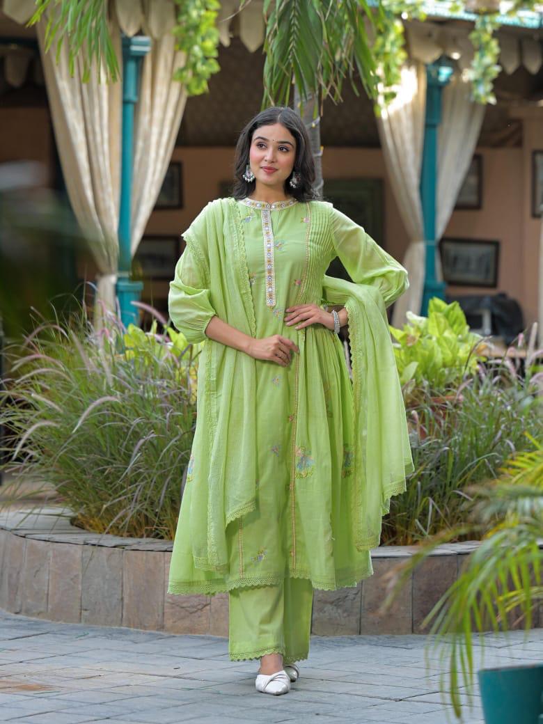 Embroidered Light Green A-Line Kurta Set with Palazzo Pants