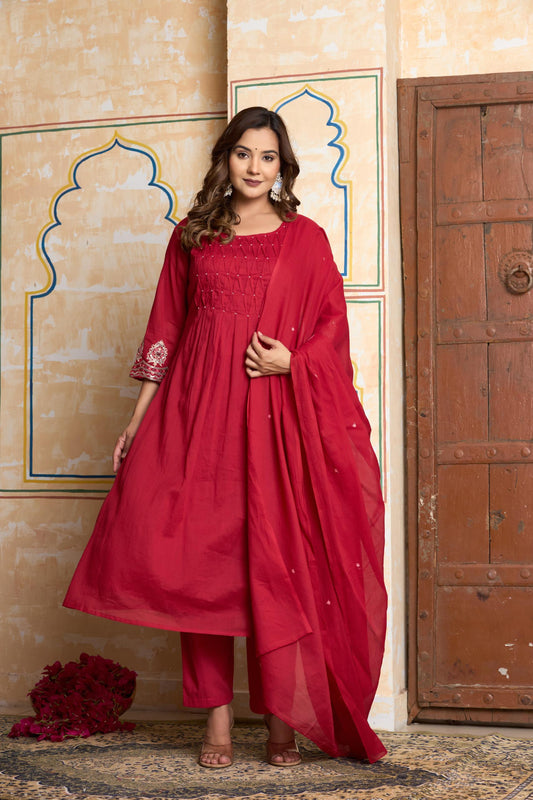 Traditional Women’s Cotton A-Line Side Cut 3-Piece Set with Dupatta