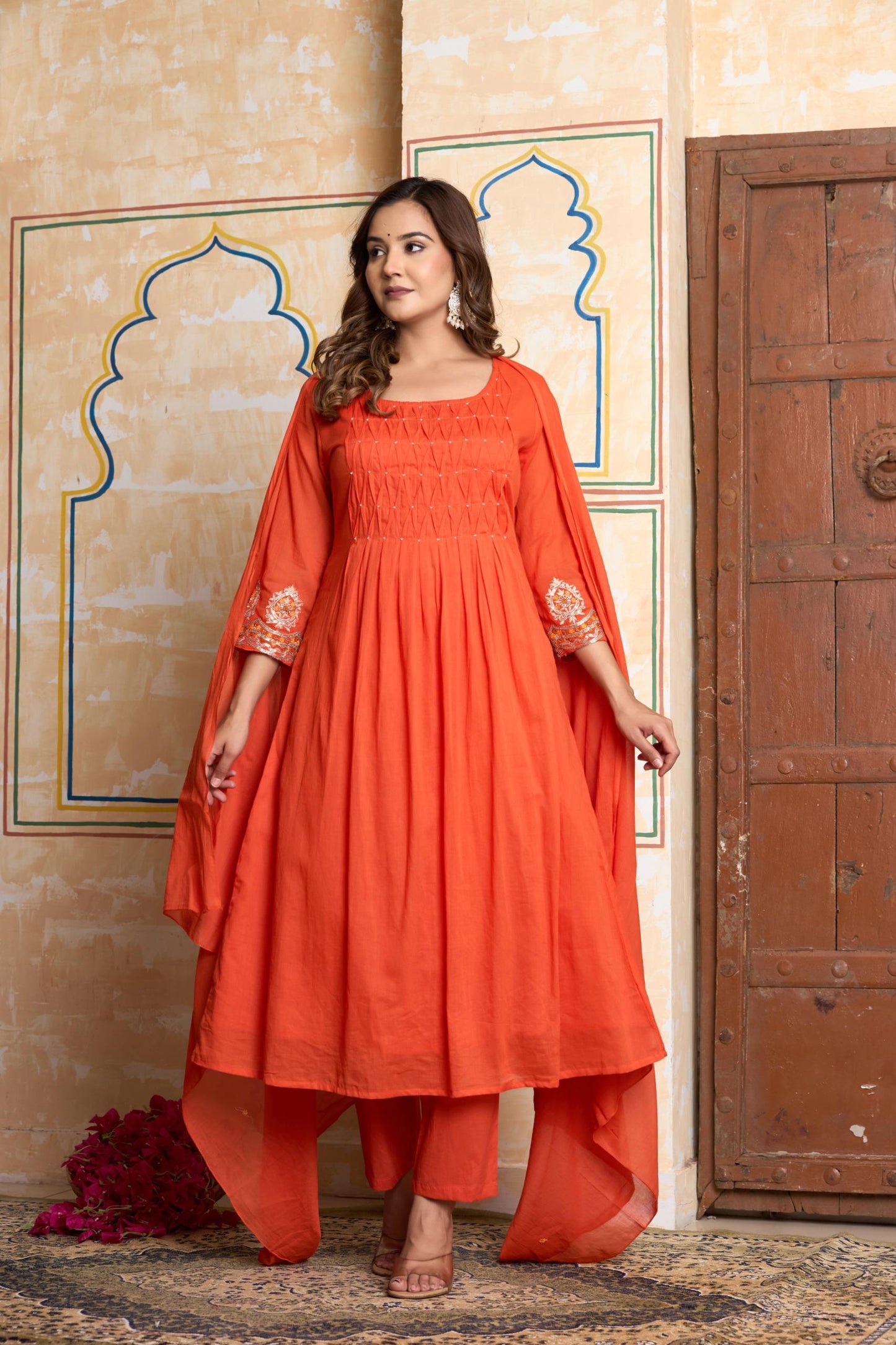 Traditional Women’s Cotton A-Line Side Cut 3-Piece Set with Dupatta