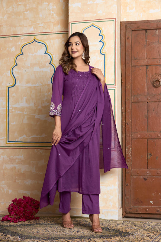 Traditional Women’s Cotton A-Line Side Cut 3-Piece Set with Dupatta