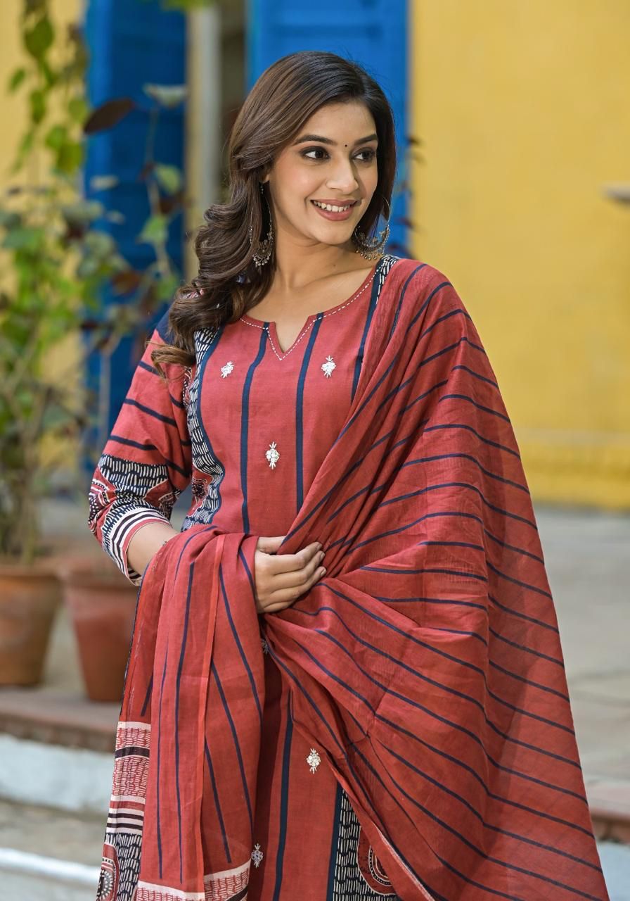 Rust Red Mul Mul 100% Cotton 3-Piece Suit Set with Digital Print