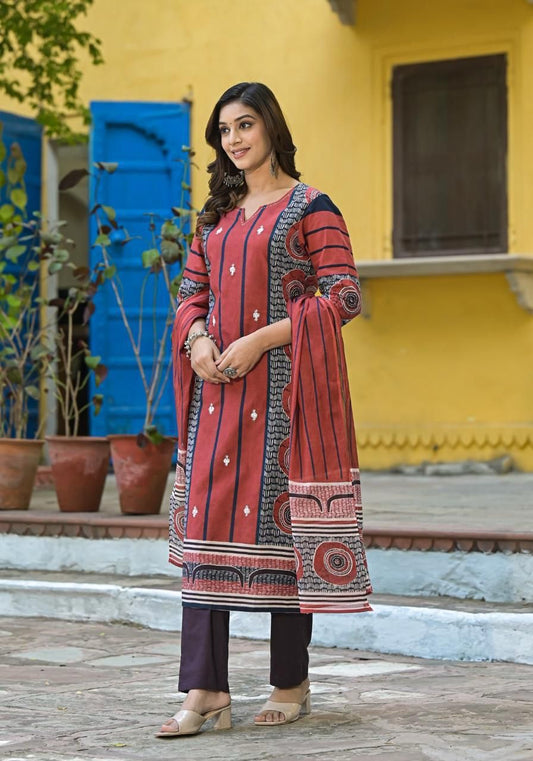 Rust Red Mul Mul 100% Cotton 3-Piece Suit Set with Digital Print