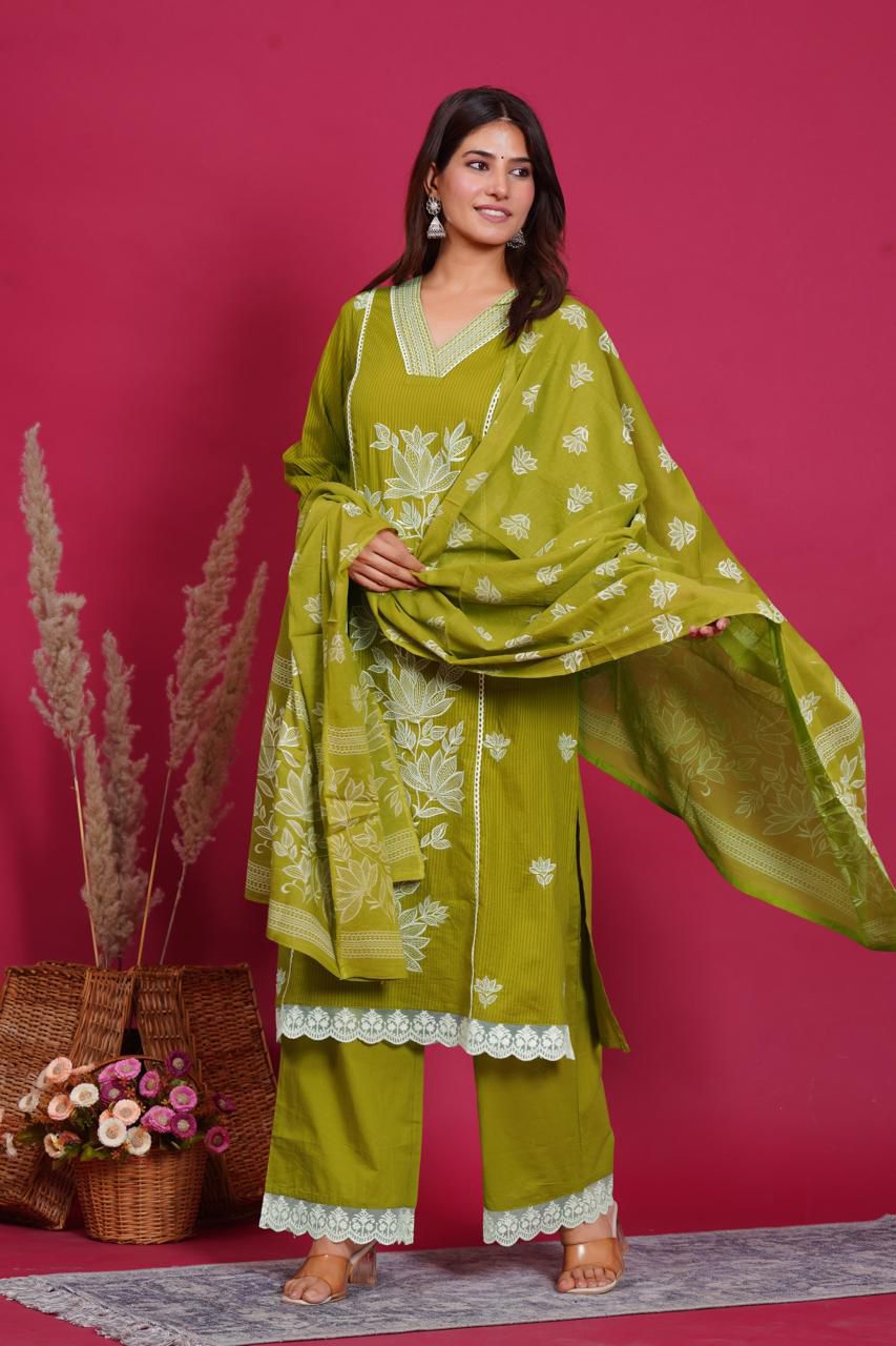 Silly Cotton 3-Piece Embroidered Suit Set with Lining  Kurta, Trouser & Dupatta  for Woman
