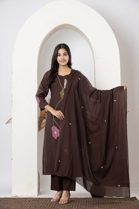Stylish slab cotton full embroidery work Kurta set for Women with Dupatta