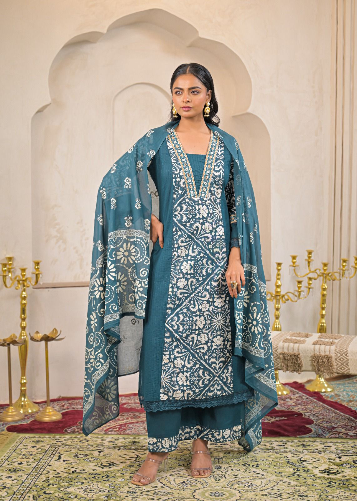 Woman Straight 3 Piece Set of Suit  with Neck & Sleeve Embroidery