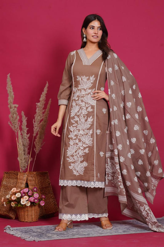 Silly Cotton 3-Piece Embroidered Suit Set with Lining  Kurta, Trouser & Dupatta  for Woman