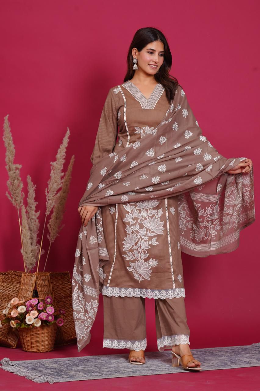 Silly Cotton 3-Piece Embroidered Suit Set with Lining  Kurta, Trouser & Dupatta  for Woman