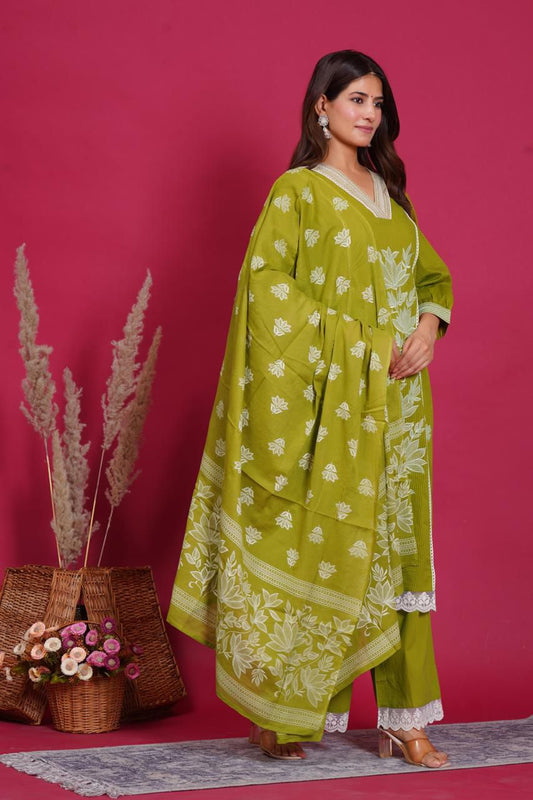 Silly Cotton 3-Piece Embroidered Suit Set with Lining  Kurta, Trouser & Dupatta  for Woman