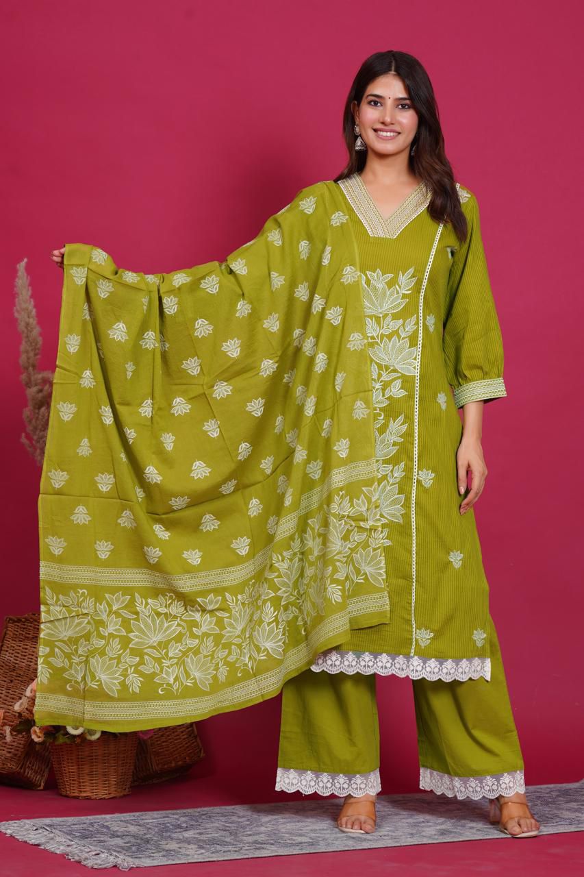 Silly Cotton 3-Piece Embroidered Suit Set with Lining  Kurta, Trouser & Dupatta  for Woman
