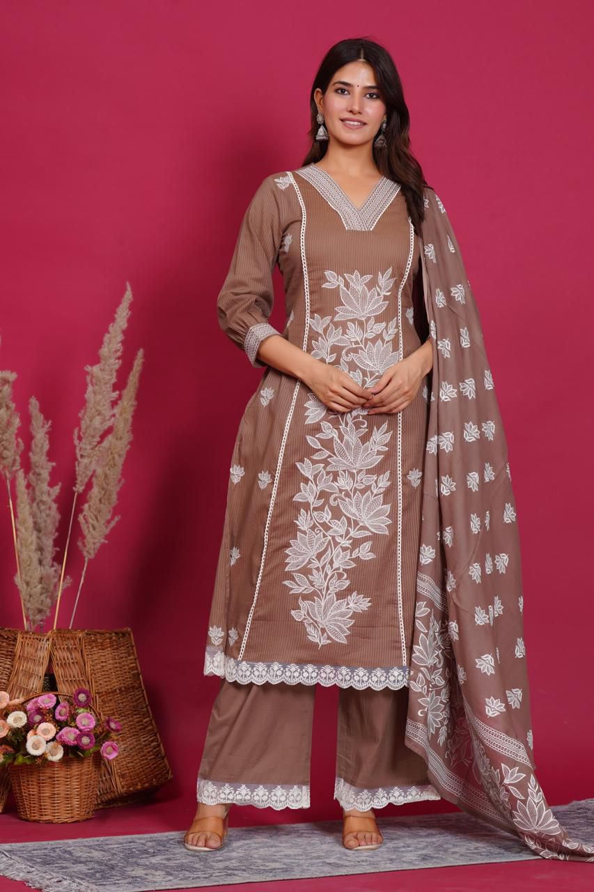 Silly Cotton 3-Piece Embroidered Suit Set with Lining  Kurta, Trouser & Dupatta  for Woman