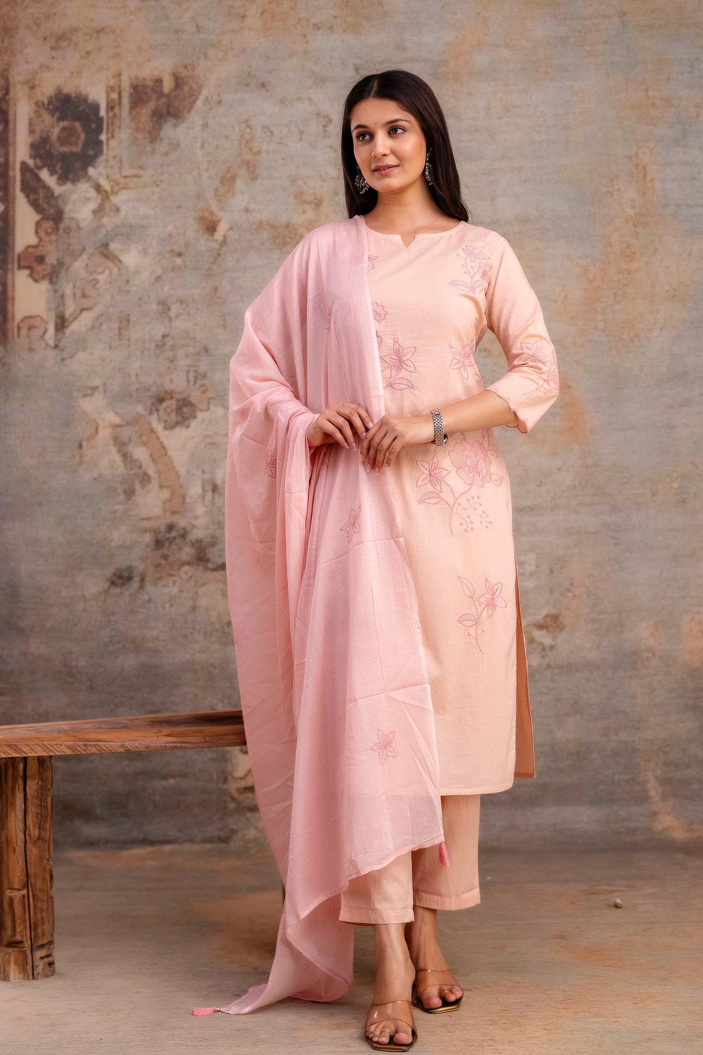 Luxury Cotton Flax 3-Piece Embroidered Ensemble