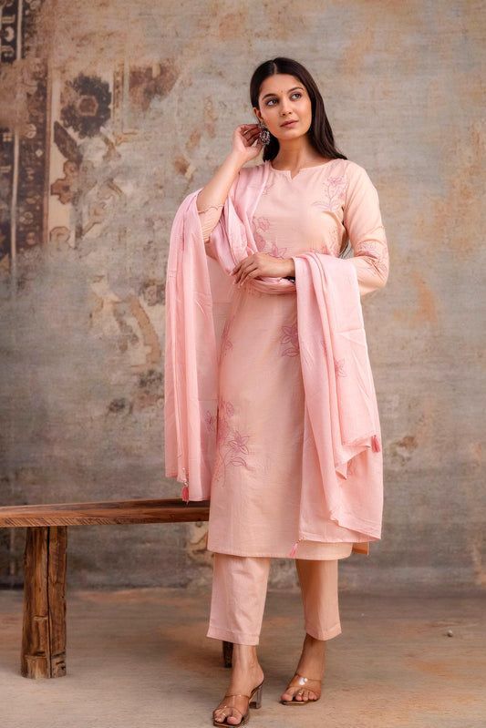 Luxury Cotton Flax 3-Piece Embroidered Ensemble