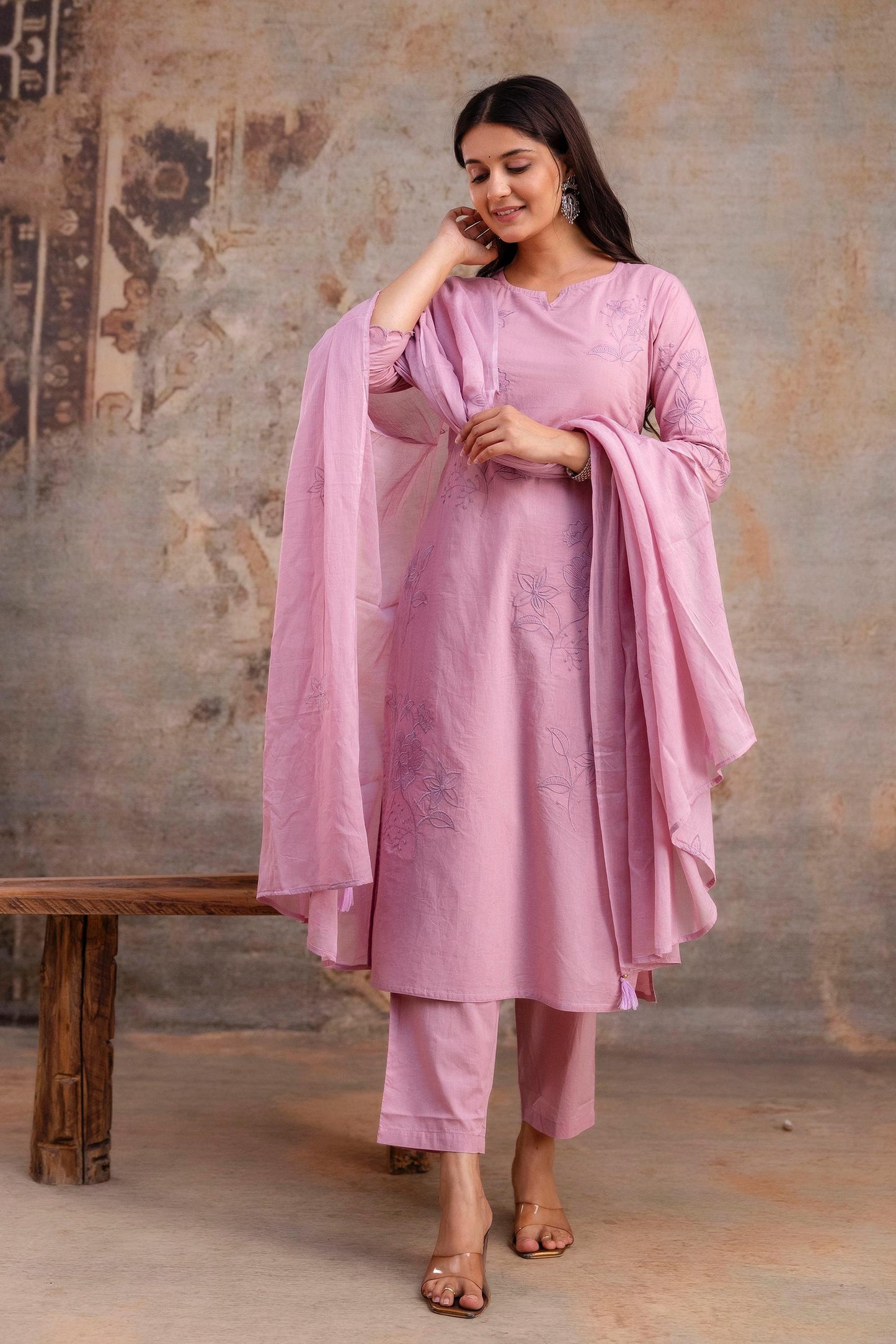 Luxury Cotton Flax 3-Piece Embroidered Ensemble