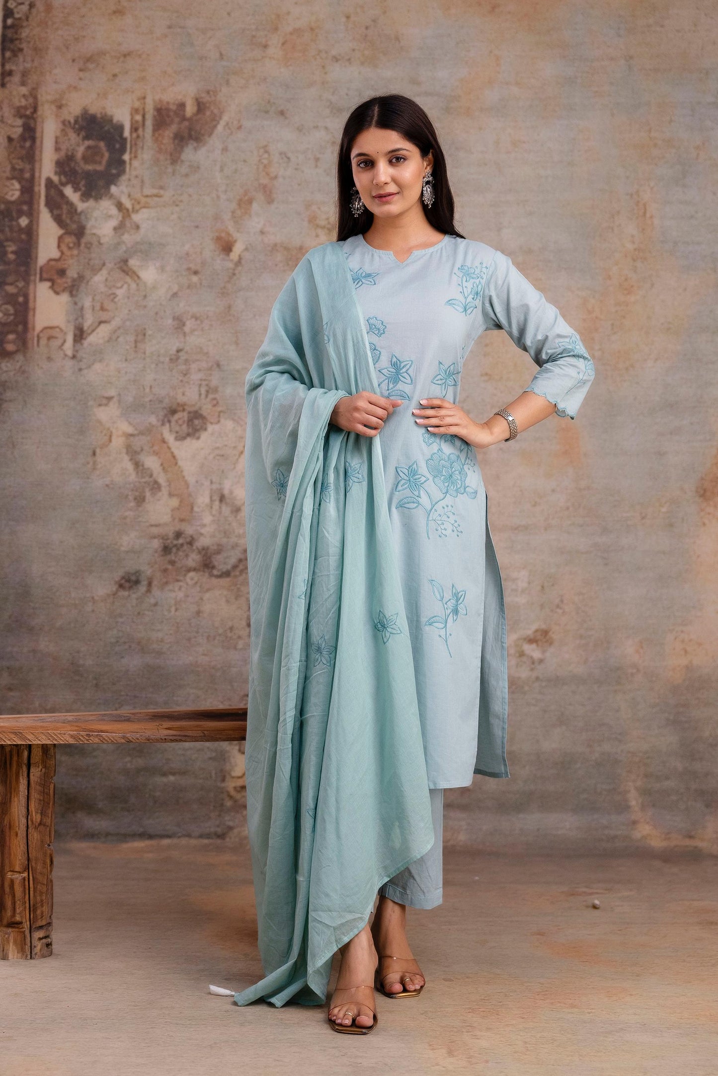 Luxury Cotton Flax 3-Piece Embroidered Ensemble